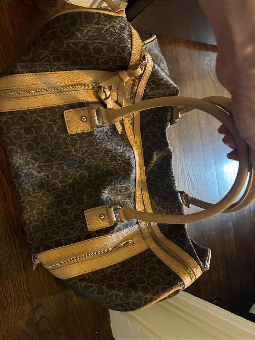 Calvin Klein Brown Monogram Travel Tote with Tan Trim
